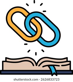 A chain link is shown above an open book. The chain link is orange and blue. The chain link is meant to symbolize the connection between the book and the word