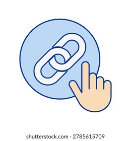 A chain link symbol appears inside a blue circle with a hand pointer touching it. The image uses simple outlines with light blue and beige colors on a plain background.