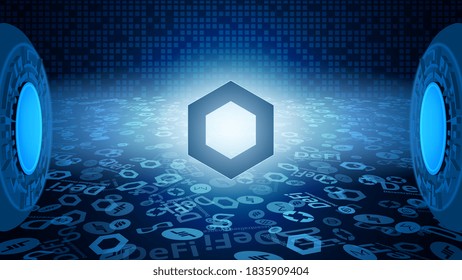 Chain Link LINK token symbol of the DeFi system shining in the rays of light. Cryptocurrency logo icon. Decentralized finance programs. Vector EPS10.