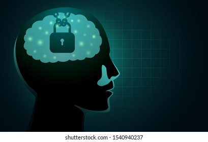 Chain and lock in human head. Concept Illustration about Intellectual Property Protection.