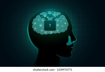 Chain and lock in human head. Illustration about fixed mindset and negative think. 