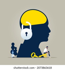 Chain and lock in human head, Illustration about fixed mindset and negative think, lock closed Brain head and idea