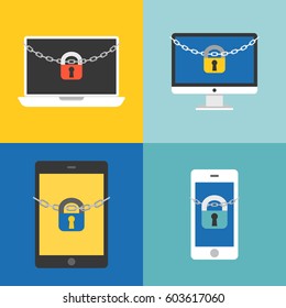 Chain and lock on desktop, laptop, tablet, cellphone, security concept