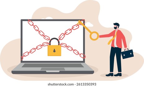 Chain and lock on laptop keyboard. Block chain technology, Computer ban, internet ban


