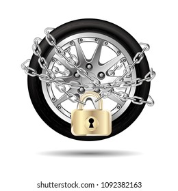 The chain locks the car tires. The lock is golden, stainless steel chain.