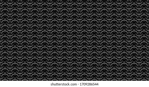 Chain mail medieval seamless pattern on dark background. Metal chain armor texture. Blued steel rings, black chainmail vector repetitive illustration