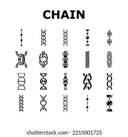 chain metal connection link icons set vector. steel object, element iron, strong abstract strength, security metallic shiny silver chain metal connection link glyph pictogram Illustrations