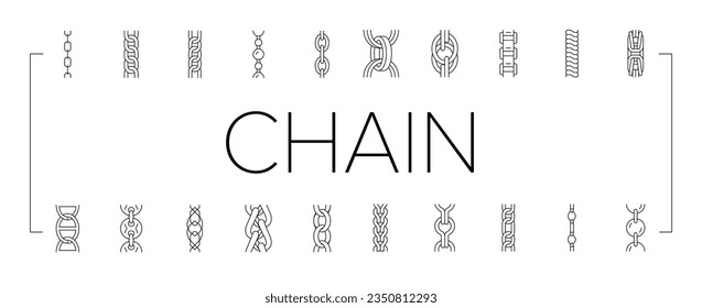chain metal connection link icons set vector. steel object, element iron, strong abstract strength, security metallic shiny silver chain metal connection link black contour illustrations