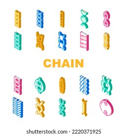 iconos de enlace de cadena metálica conjunto vector. diseño de eslabones, blanco dorado, abstracto de oro, acero collar, eslabón de metal de la cadena de joyería de borde ilustraciones de signos isométricos