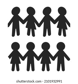 Chain of paper people or doll chain in repeating pattern silhouette as vector set