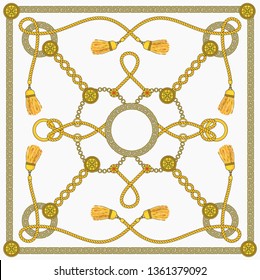 Chain patten design for square fashion women scarf. Gold chains with ornaments and medallions, decorative cords with silk tassels, straps and buckles on a white background. Flat Outline Illustration