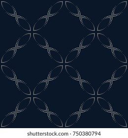 Chain pattern simple geometric dot line ornament on a indigo background. Decorative print block for wallpaper, fabric textile. Traditional oriental all over design. Vector illustration.