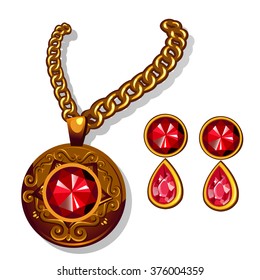 Chain with pendant and earrings with rubies. Vector illustration.