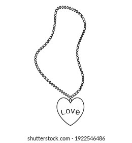 Chain with a pendant in the shape of a heart and the inscription love. Sketch. Delicate decoration. Vector illustration. Coloring book. Valentines Day. Hanging decoration. The symbol of love.