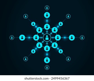 Chain of people icon connected by lines. Cooperation and interaction between people and employees. Dissemination of information in society, rumors. Communication. social contacts, networking concept