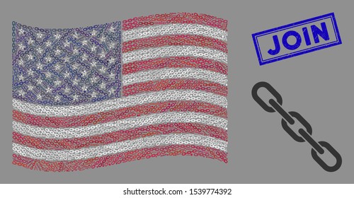 Chain pictograms are organized into American flag stylization with blue rectangle corroded stamp watermark of Join phrase. Vector composition of American waving flag is made of chain items.