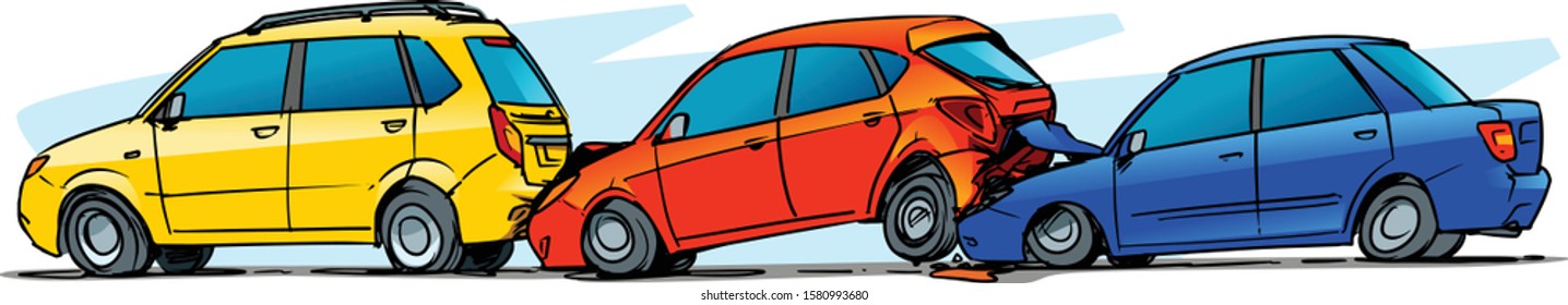 Chain Reaction Vehicle Accident. Cartoon Illustration