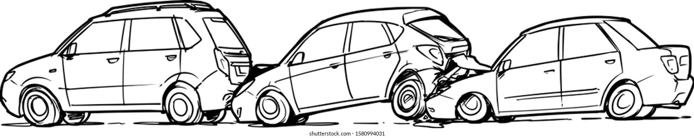 Chain Reaction Vehicle Accident. Cartoon Illustration