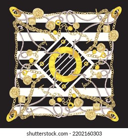 Chain and ring pattern silk scarf in black background.Silk scarf  Vector Illustration.