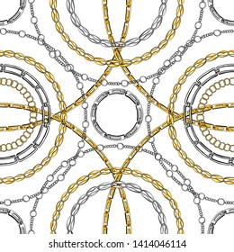 Chain rings hand drawn vector seamless pattern. Glamour ornate texture. Golden and silver chainlet on white background. Precious bijouterie ornament. Wallpaper, wrapping paper design