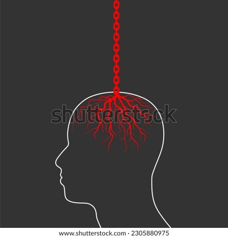 Chain rooted in human head, Illustration about fixed mindset and negative think. Lock closed brain, head and idea. Mind manipulation