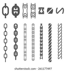 Chain and rope. Set of vector elements for making ropes and chains of any length and shape. 