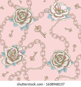 Chain and roses luxury pattern in retro luxury style on golden background. Textile design. Modern style. Beauty style. Baroque pattern texture vector.
