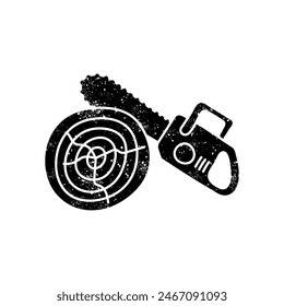 Chain saw cutting wood log black hand drawn icon in grunge look