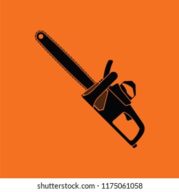 Chain saw icon. Orange background with black. Vector illustration.