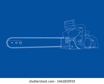 Chain saw. Vector rendering of 3d. Wire-frame style. The layers of visible and invisible lines are separated