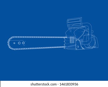 Chain saw. Vector rendering of 3d. Wire-frame style. The layers of visible and invisible lines are separated