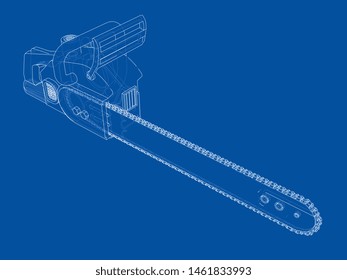 Chain saw. Vector rendering of 3d. Wire-frame style. The layers of visible and invisible lines are separated