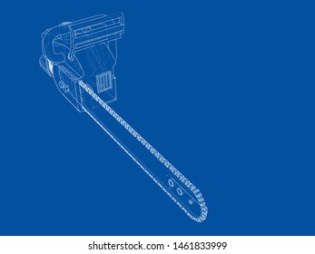 Chain saw. Vector rendering of 3d. Wire-frame style. The layers of visible and invisible lines are separated