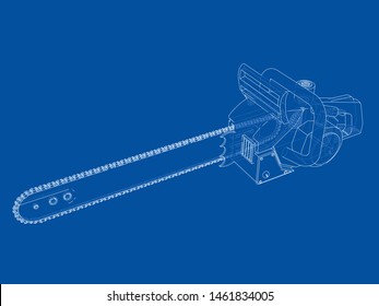 Chain saw. Vector rendering of 3d. Wire-frame style. The layers of visible and invisible lines are separated