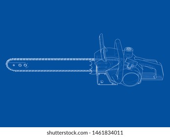 Chain saw. Vector rendering of 3d. Wire-frame style. The layers of visible and invisible lines are separated