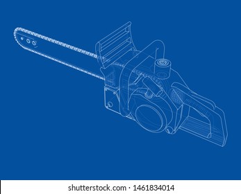 Chain saw. Vector rendering of 3d. Wire-frame style. The layers of visible and invisible lines are separated