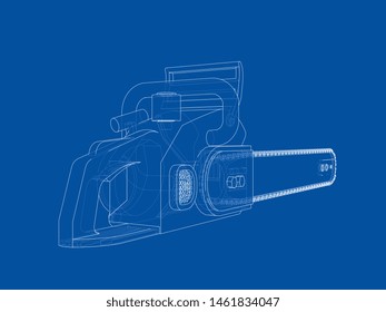 Chain saw. Vector rendering of 3d. Wire-frame style. The layers of visible and invisible lines are separated