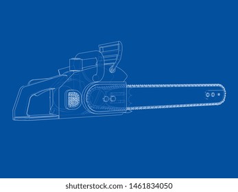 Chain saw. Vector rendering of 3d. Wire-frame style. The layers of visible and invisible lines are separated