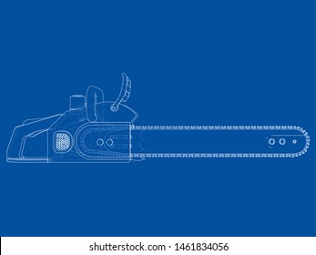 Chain saw. Vector rendering of 3d. Wire-frame style. The layers of visible and invisible lines are separated