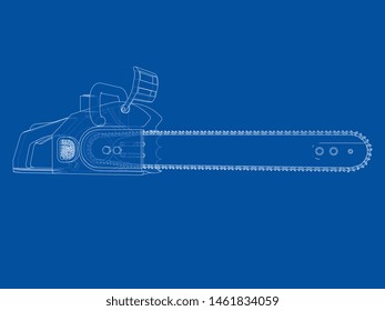 Chain saw. Vector rendering of 3d. Wire-frame style. The layers of visible and invisible lines are separated