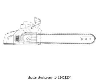 Chain saw. Vector rendering of 3d. Wire-frame style. The layers of visible and invisible lines are separated