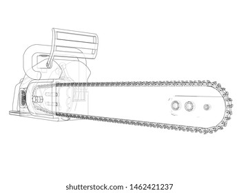 Chain saw. Vector rendering of 3d. Wire-frame style. The layers of visible and invisible lines are separated