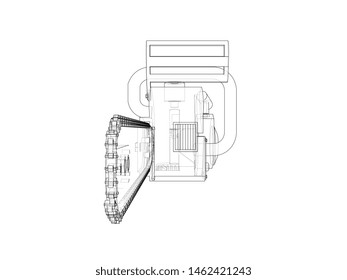 Chain saw. Vector rendering of 3d. Wire-frame style. The layers of visible and invisible lines are separated