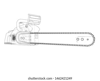 Chain saw. Vector rendering of 3d. Wire-frame style. The layers of visible and invisible lines are separated