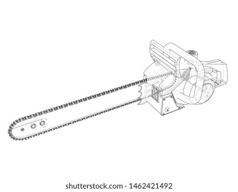 Chain saw. Vector rendering of 3d. Wire-frame style. The layers of visible and invisible lines are separated
