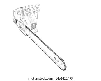 Chain saw. Vector rendering of 3d. Wire-frame style. The layers of visible and invisible lines are separated