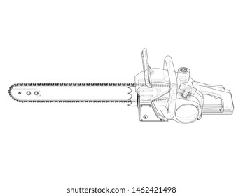 Chain saw. Vector rendering of 3d. Wire-frame style. The layers of visible and invisible lines are separated