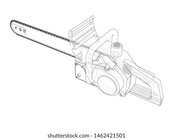Chain saw. Vector rendering of 3d. Wire-frame style. The layers of visible and invisible lines are separated