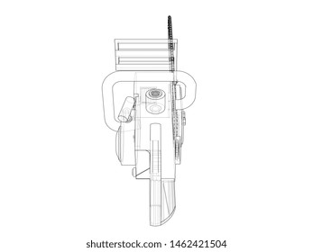 Chain saw. Vector rendering of 3d. Wire-frame style. The layers of visible and invisible lines are separated