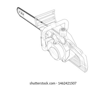 Chain saw. Vector rendering of 3d. Wire-frame style. The layers of visible and invisible lines are separated